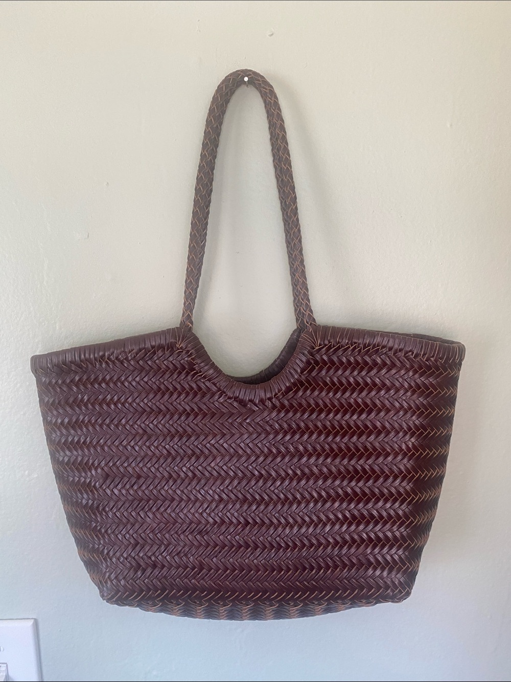 Woven Leather Tote Bag in Dark Brown